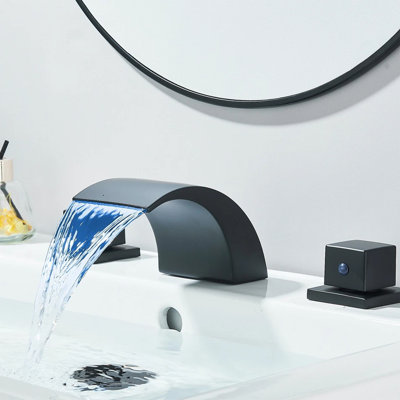 Robinet de salle de bain cascade noir mat, robinet de meuble-lavabo à large entraxe à DEL 8 pouces avec 2 boutons, robinet moderne à 3 trous