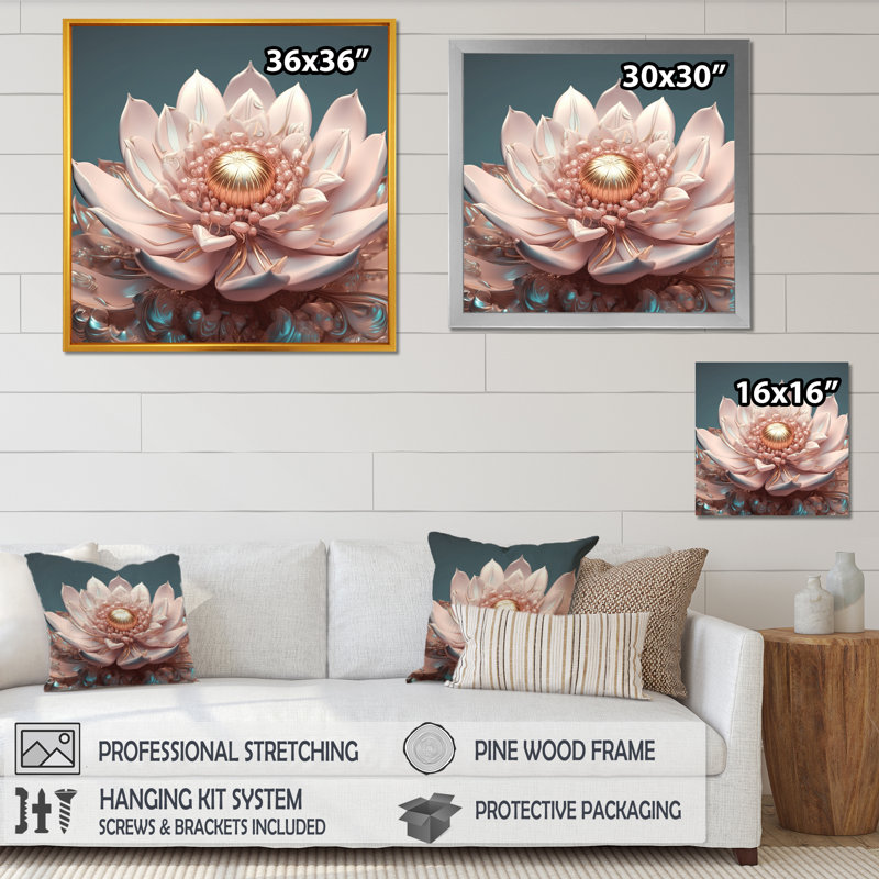 «Pink Blossoming Glam Lotus» avec impression sur toile, H 36 po x l 36 po x P 1,5 po, Cadre flottant blanc