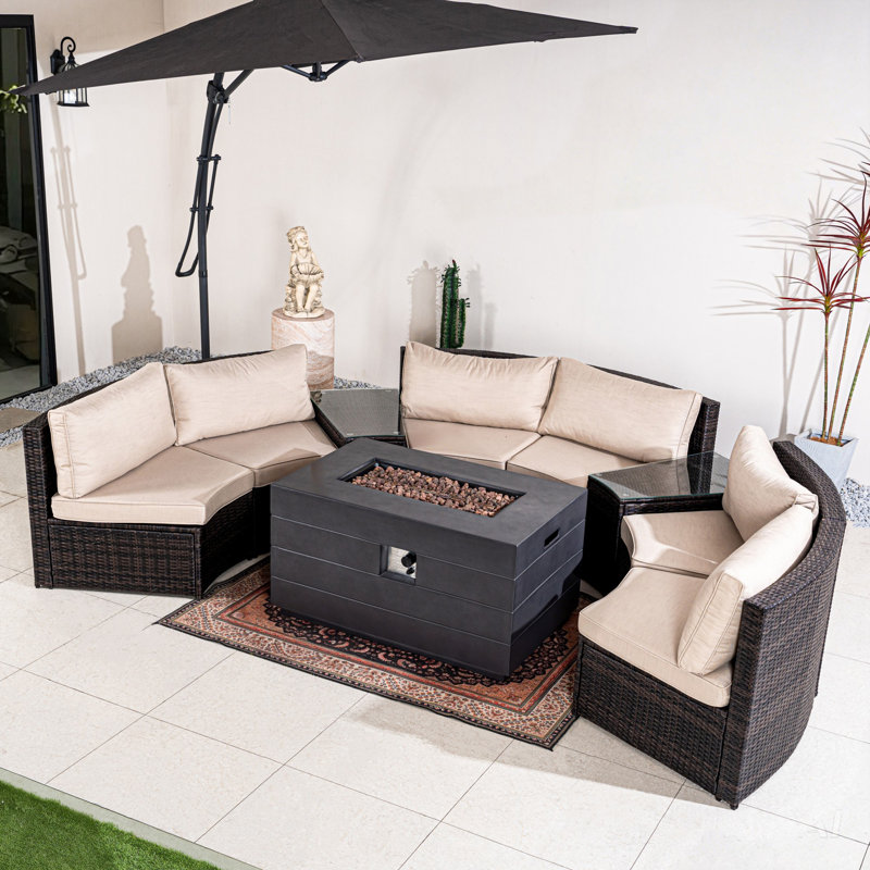 Ensemble de salle à manger pour 6 personnes avec table de foyer en osier, coussins inclus, Coussin beige / structure brune