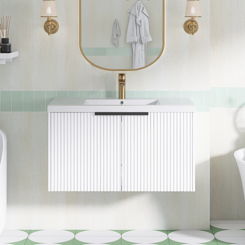Meuble-lavabo mural simple vasque de 90 cm (35,4 po) avec dessus en résine, Blanc