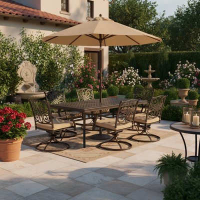  Outdoor 7-Piece Cast Aluminum Patio Dining Set with Square Table, 6 Swivel Rocking Chairs