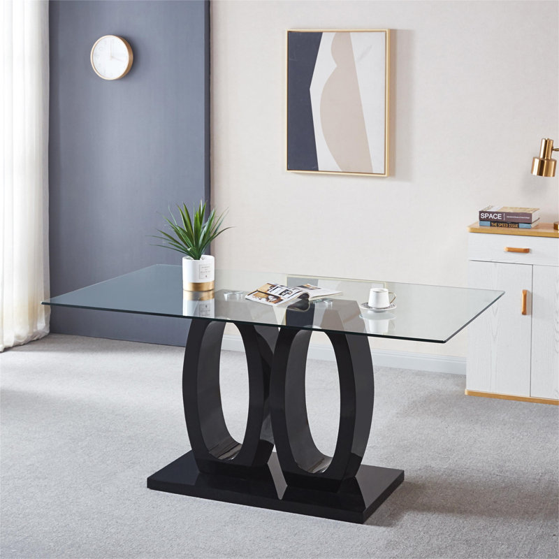 Fulce Rectangular 35.4'' L x 63'' W,Glass Top Double Pedestal Dining Table,dining room table, Black