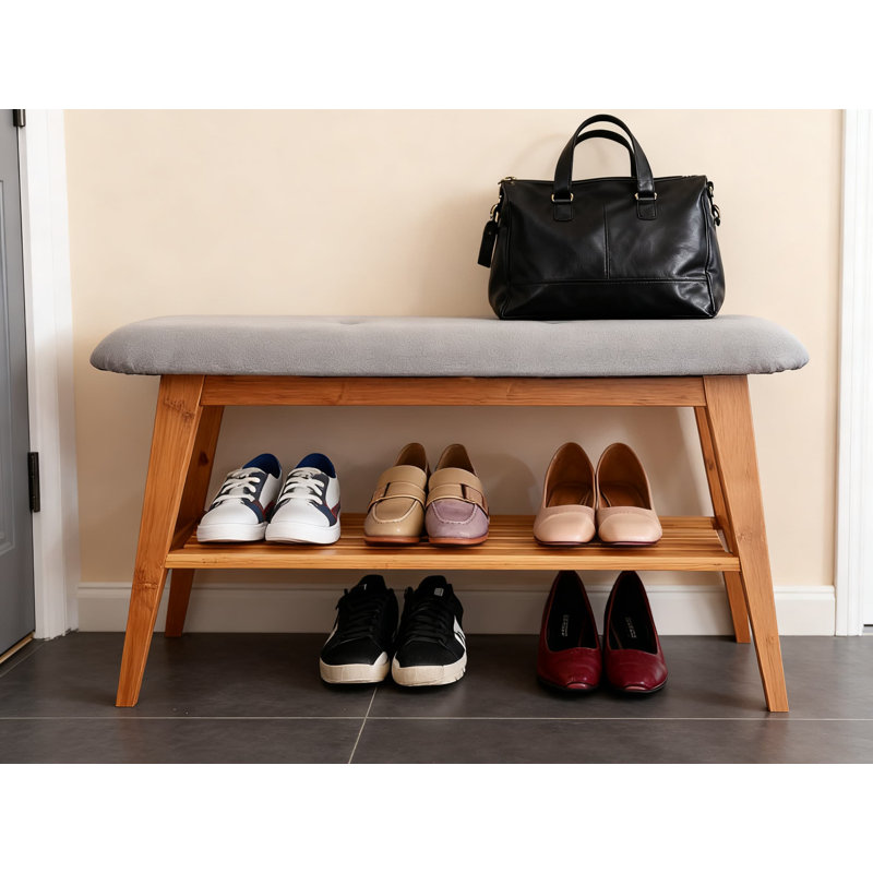 Banc à chaussures en bambou avec coussin, banc de rangement à 2 niveaux et étagère à chaussures pour un espace de vie organisé