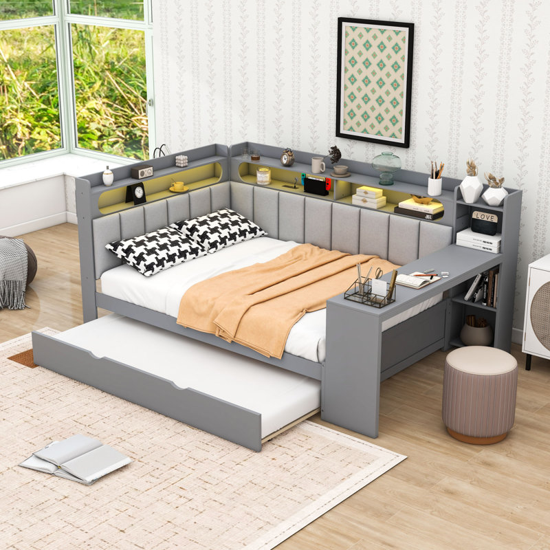 Full Wood Daybed with Trundle and Built-In Desk and Storage Shelves, Gray