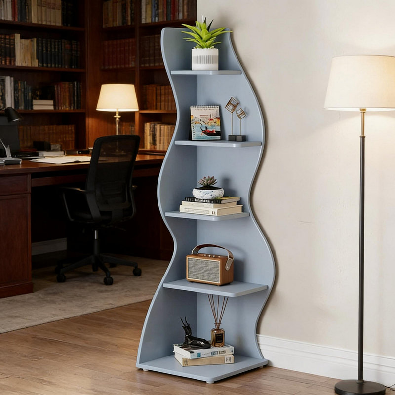 Elegant Bookcase,Spacious Wall Corner Bookshelf, Blue, (5 Shelves) 70.53"H x 19.7"W x 18.91"D