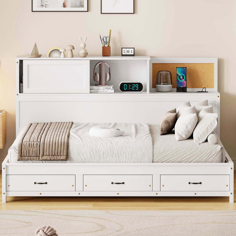 Lit de jour en bois avec 3 tiroirs de rangement, tête de lit souple, tablette et ports USB intégrés