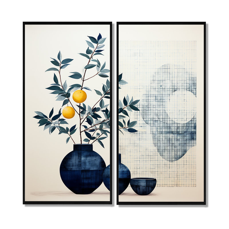 Art mural bleu et jaune Mid Century Minimalist, H 32 po x l 32 po, Impression encadrée flottante, Noir