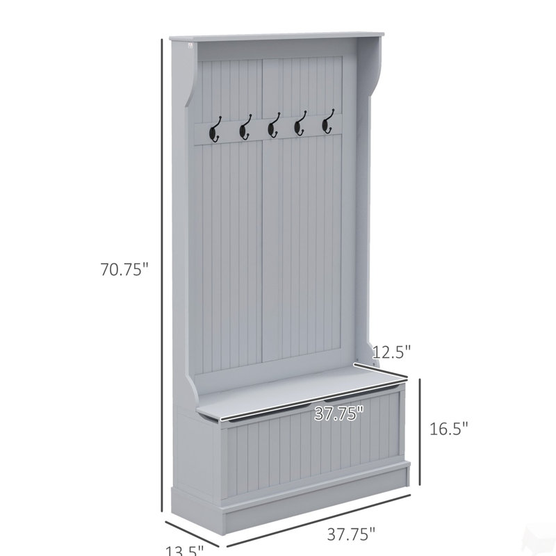 38" 3-In-1 Entryway Hall Tree with Storage Bench, Coat Rack with Four Hooks and Shoe Storage, Gray