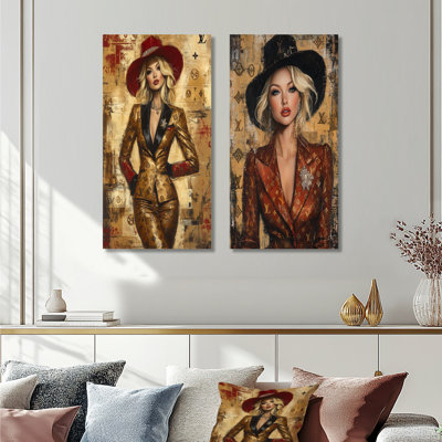 Femme sophistiquée en costume de puissance I - Red Glam, ensemble de 2 décorations murales en métal