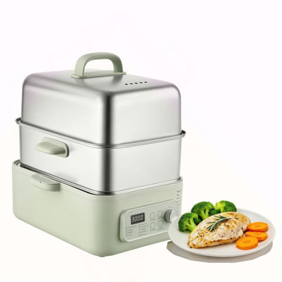 Electric Food Steamer 13.7 QT 2-Tier Stainless Steel for 3-6 Servings, 1500W Vegetable & Meal Steamer for Cooking with 9 Pre-Programmed Settings, Keep Warm, for Veggies, Seafood & Rice, Green