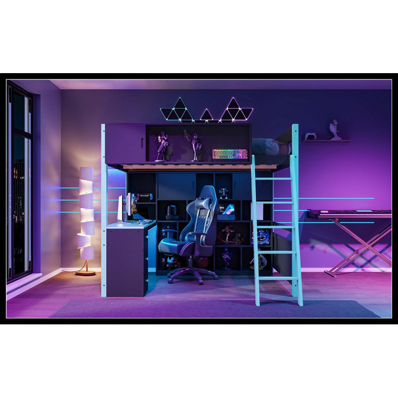 Lit mezzanine double en bois avec bureau, grand espace de rangement et bleu clair, Bleu