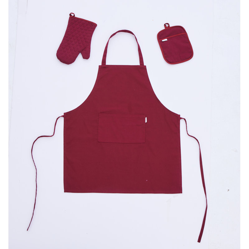 Waterproof Linen Cotton Apron Set With Heat-Resistant Hot Pads And Oven Mitt, Wine Red