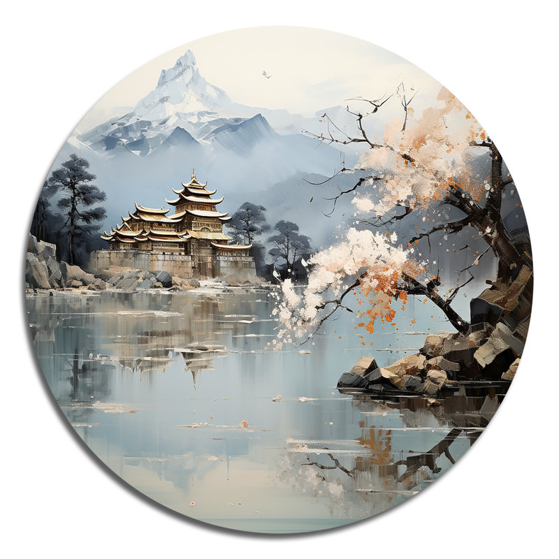 Art asiatique, paysage impérial II - art rond en métal, H 16 po x l 16 po x P 1 po