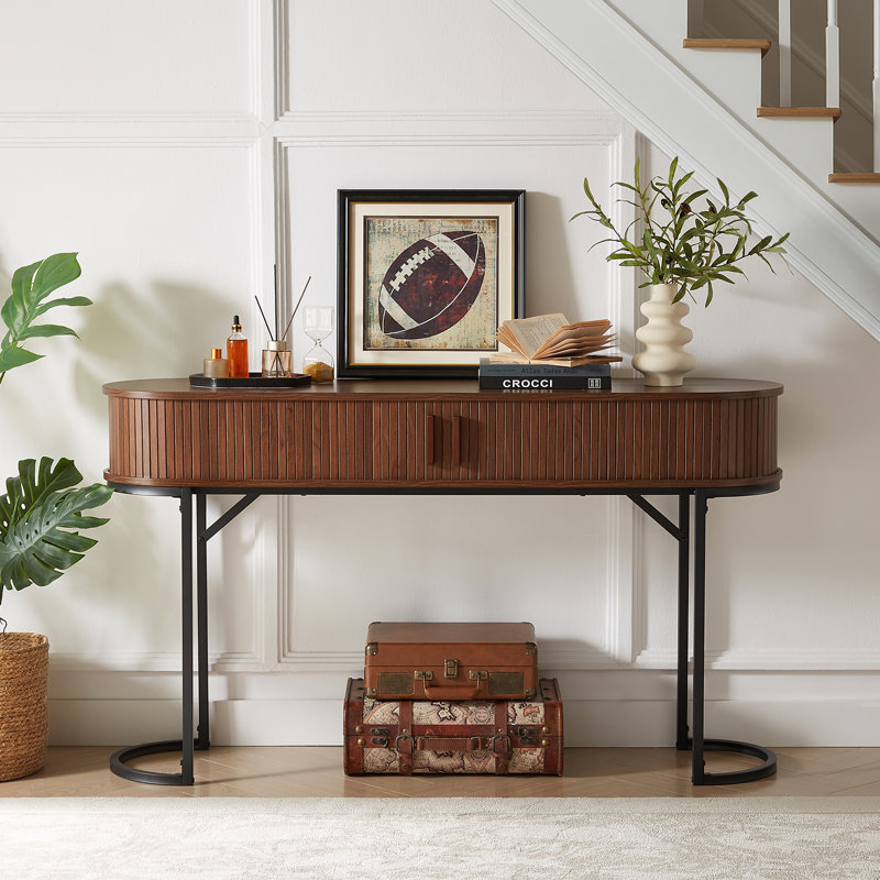 55.1" Console Table With Tambour Doors And Metal Base For Hallway, Living Room, Walnut