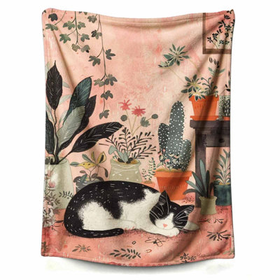 Couverture en flanelle pour lit, chat endormi avec cactus Couverture douce en velours moelleux avec motif décoratif pour toutes saisons, chaud et léger, 60 po x 80 po
