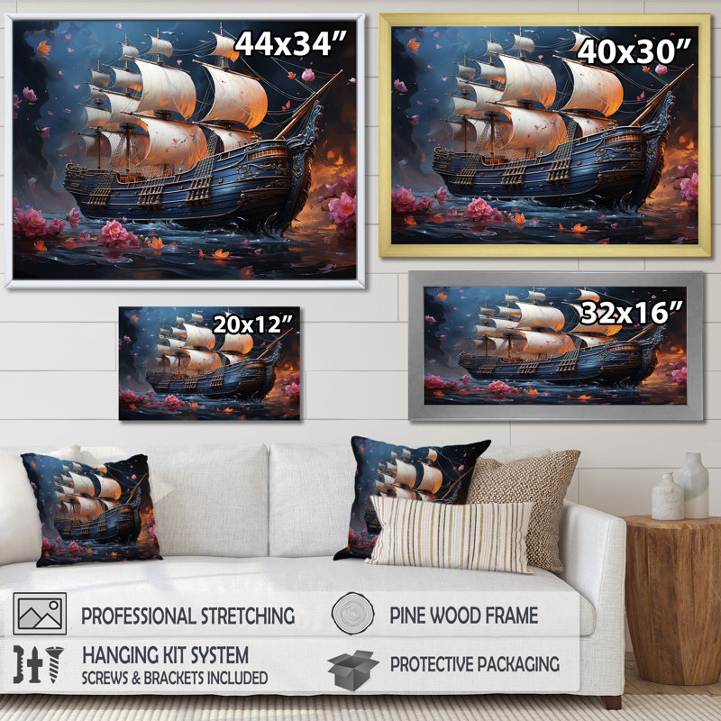 Pirate Ship Nightly Voyage III - Art mural pirate, Cadre de coin blanc fermé, H 12 po x l 20 po x P 1 po