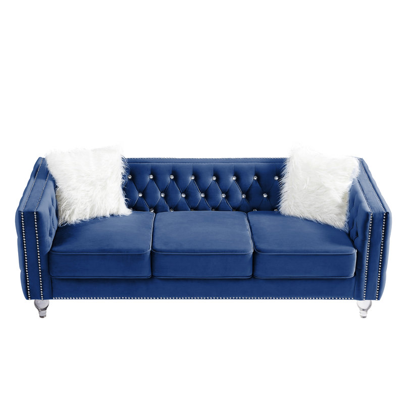 Canapé 83 po à accoudoirs carrés en velours, Velours bleu marine