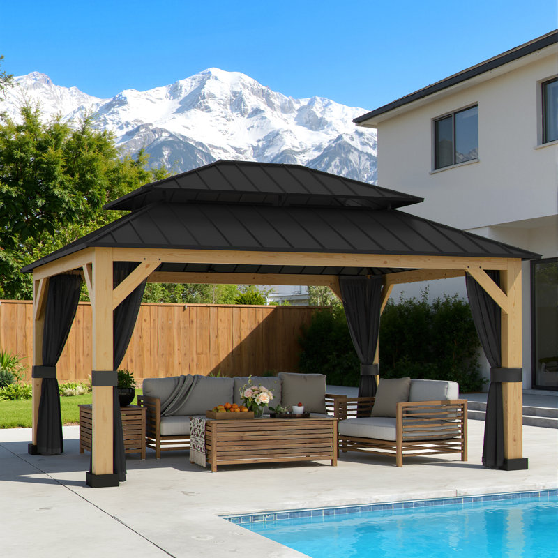 11 x 13ft Cedar Wood Gazebo with Hardtop Galvanized Steel Roof, Built-In Hooks & Anchored Base for Patio & Backyard