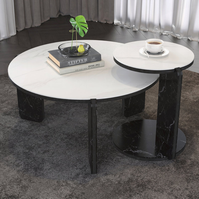 Ensemble de 2 tables basses gigognes rondes pour petit endroit, table de bout de salon avec plateau en pierre frittée blanche, table de chevet de 32,68 po + 16,93 po de diamètre pour la salle à manger de la salle à manger, canapé de 83 cm et plus de 43 cm