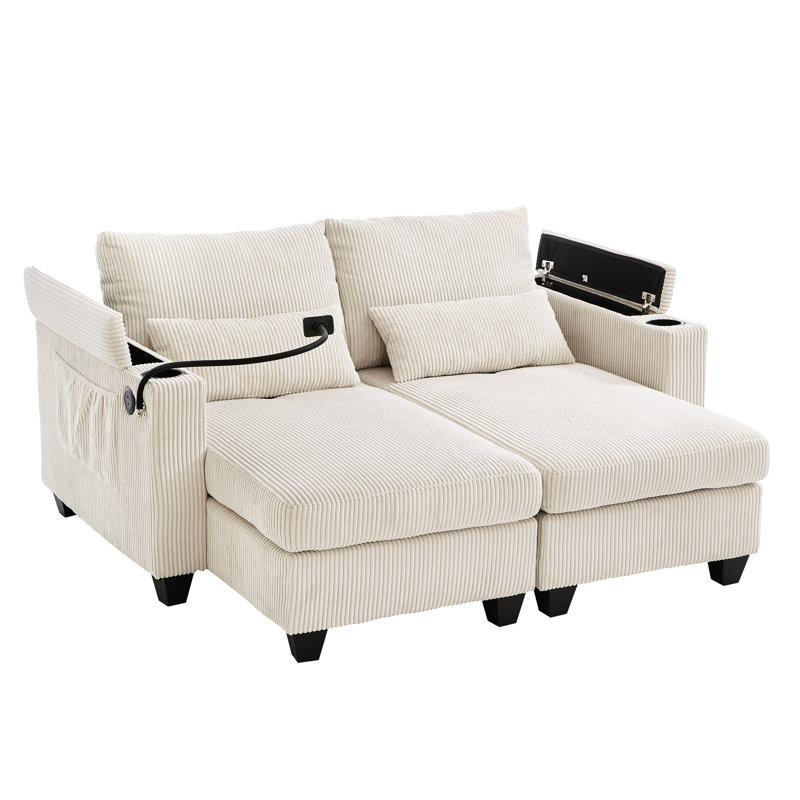Convertible beige 63 po avec tissu en velours côtelé, porte-gobelet, porte-téléphone et rangement latéral: méridienne, velours côtelé doux, supports