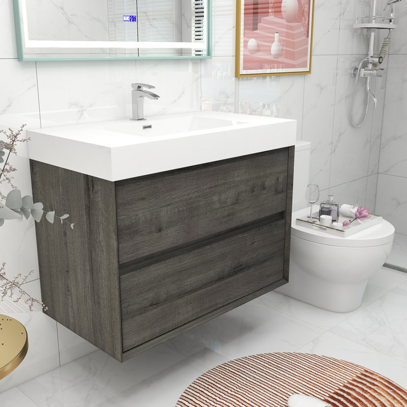 35.4'' Single Bathroom Vanity with Acrylic Top, Somoke Oak
