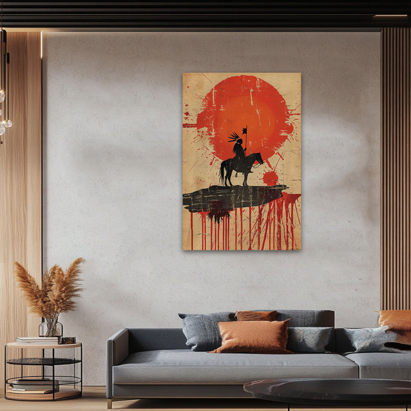 Grande silhouette de chef indien Adric sur un cheval, soleil occidental, affiche vintage, impression sur toile pour le salon, chambre à coucher, décoration murale, toile prête à être suspendue, 36 po x 48 po