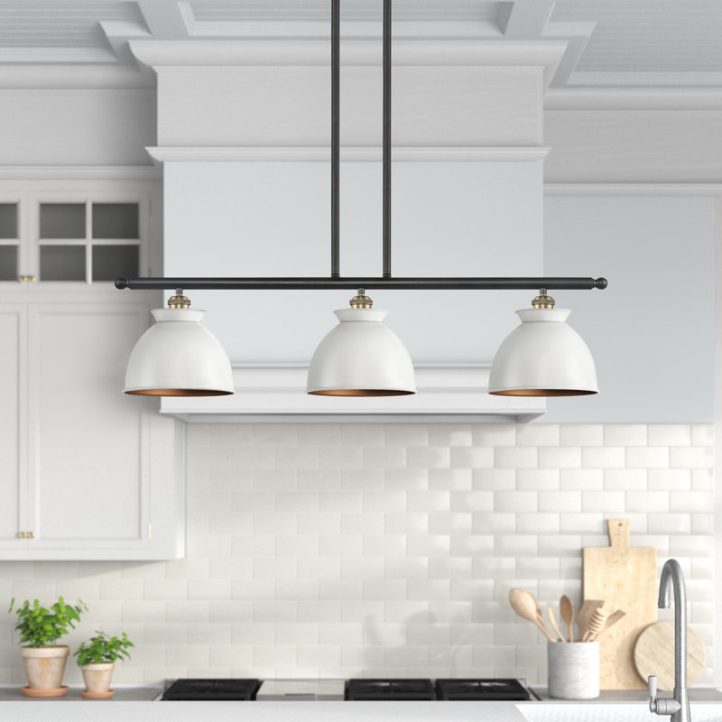 Luminaire suspendu en forme de dôme pour îlot de cuisine 3 lumières Arev, Blanc lustré, Oui, Laiton antique noir
