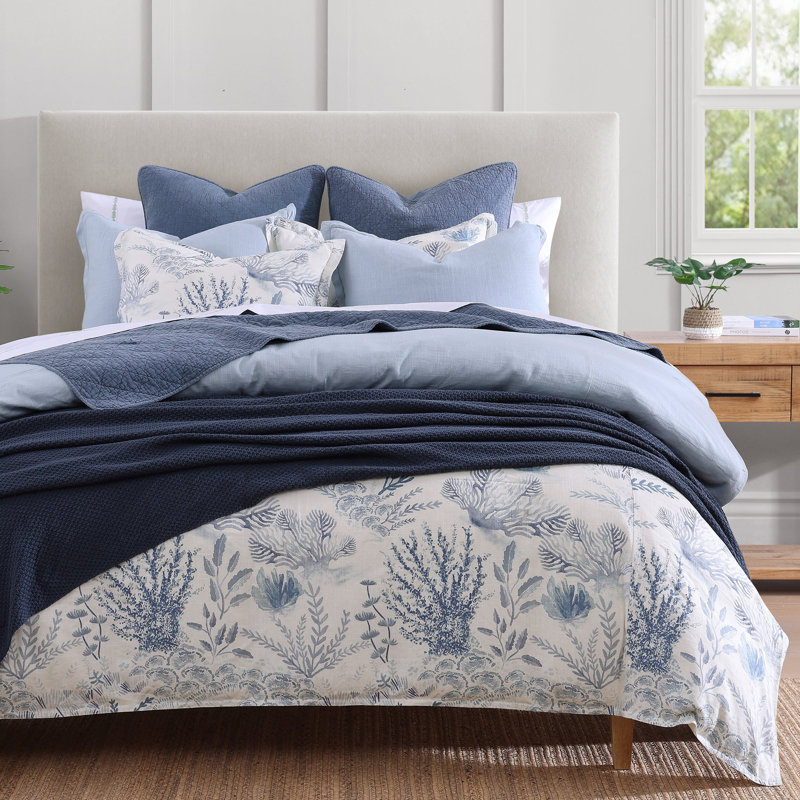 Oceania Coastal Coral Print Linen Blend Classic Chic Casual Comforter Set, Queen Comforter + 2 Standard Shams, Blue/White