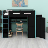 Wood Loft Bed With Desk,Wardrobe,Ample Storage Space,And RGB LED Light