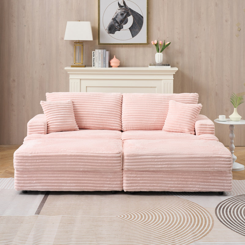 79.3'' Corduroy Comfortable 3 Seater Sofa  With Ottoman, Pink