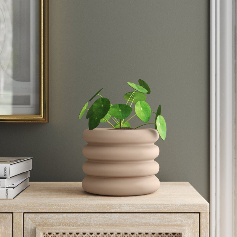 Handmade Ceramic Pot Planter, Beige, 5" H x 5.3" W x 5.3" D