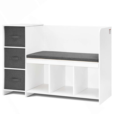 Banc de lecture pour enfants, bibliothèque pour tout-petits et bibliothèque avec coussin de siège amovible, banc de rangement à 6 casiers avec 3 tiroirs, idéal pour la salle de jeux, la chambre à coucher, le salon ou l'entrée, blanc