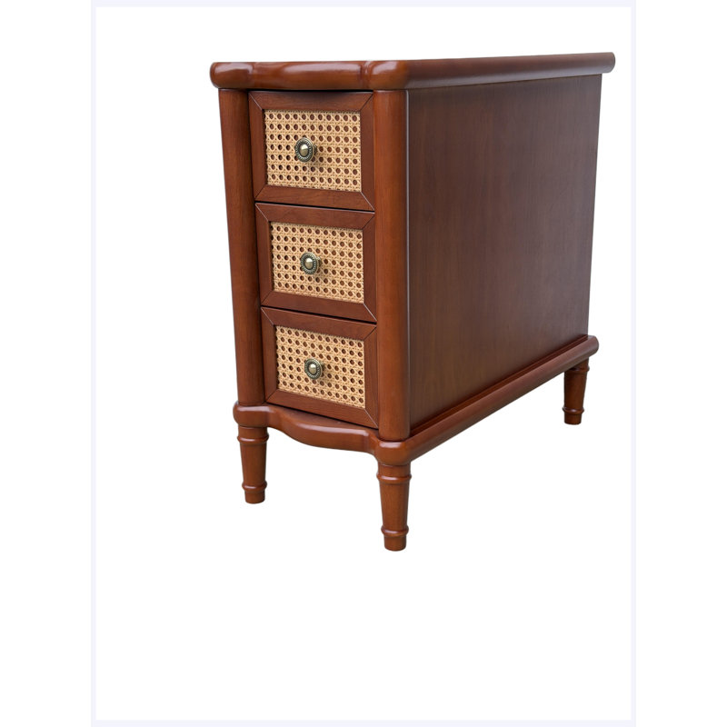 Table de chevet en rotin avec 3 tiroirs, table de chevet en bois de noyer clair pour le salon de la chambre à coucher