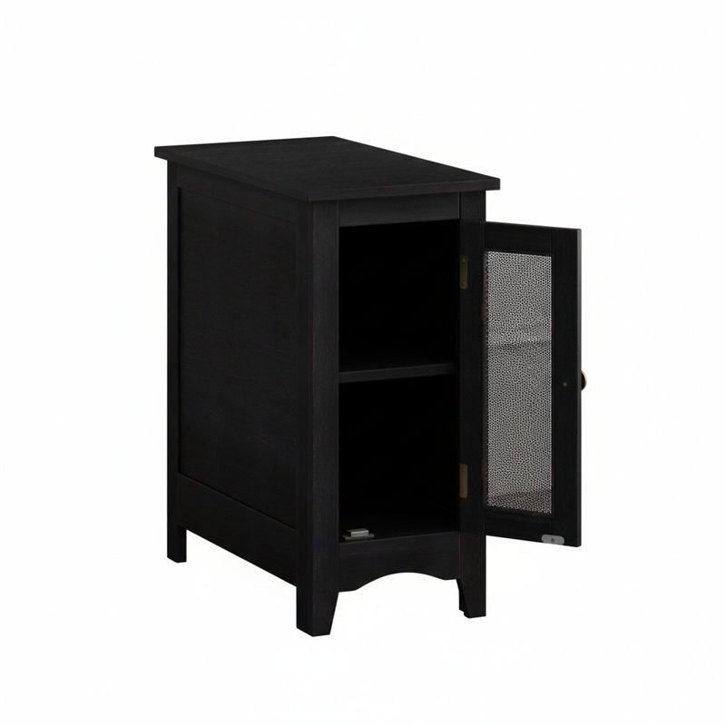 Charmante table de chevet noire compacte avec porte en filet et tablette fixe - table d'appoint étroite | Idée de cadeau