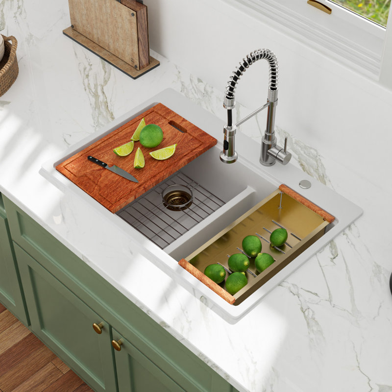 33'' L × 22'' W Quartz Drop-In Workstation Kitchen Sink, White Granite Composite 60/40 Double Bowl Kitchen Sink with Sink Grid, Strainer, Cutting Board, Colander and Roll-up Rack