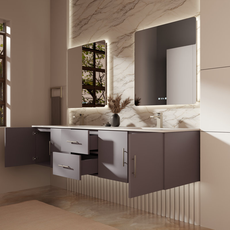 Ensemble de meuble-lavabo double mural 80 "avec miroir Geneva, Gris foncé, Marbre de culture blanc