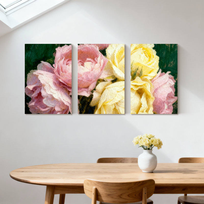 Ensemble de 3 impressions sur toile pivoines roses et jaunes, H 24 po x l 48 po