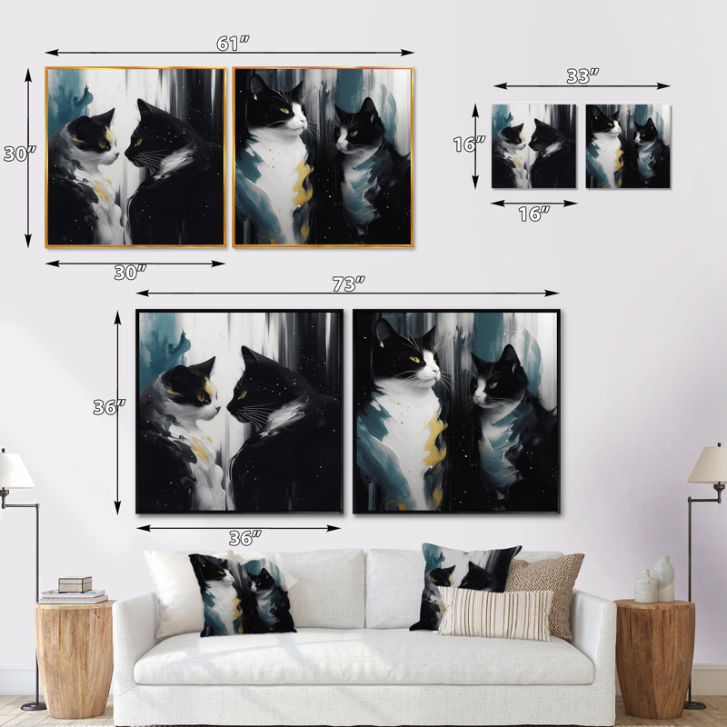 Ensemble de 2 chats blancs et noirs captivants, H 16 po x l 33 po, Toile tendue