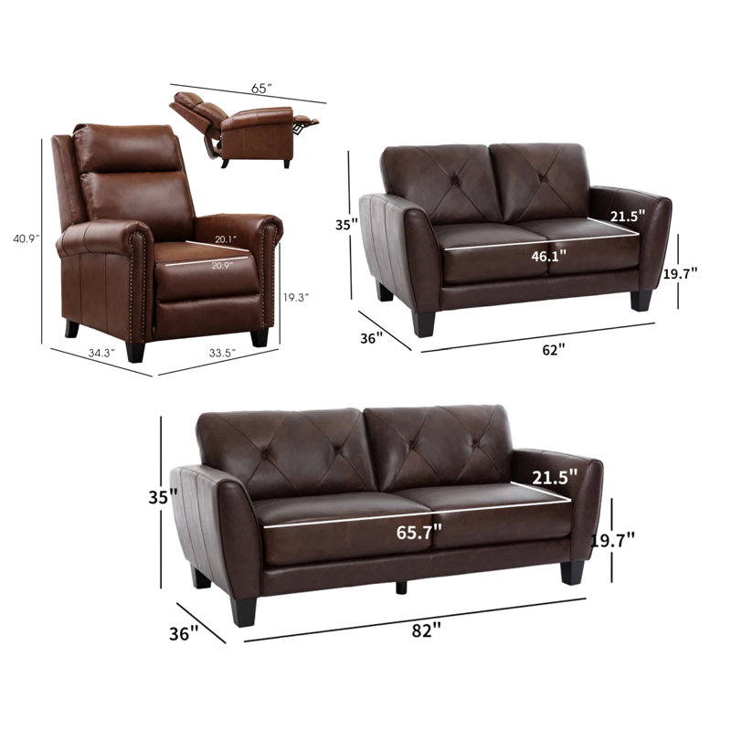 Ensemble de salon 3 pièces en cuir véritable avec plateau classique et luxueux, Brun