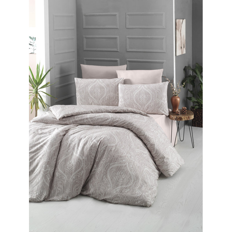 Ensemble de housse de courtepointe 100% coton de qualité supérieure Ranforce, crème et beige | Housse de couette 78,7 po x 78,7 po, 2 taies d'oreiller 23,6 po x 27,6 po | 145 fils, lavable à la machine, fermeture à boutons élégante pour plus de confort et de style