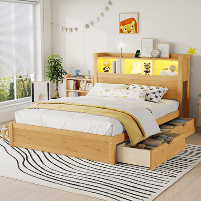 Full Size Bed With Drawers, Wood Full Bed With Storage Headboard And Pull Out Storage Cabinet, Wood Bed With Light And Socket, Natural