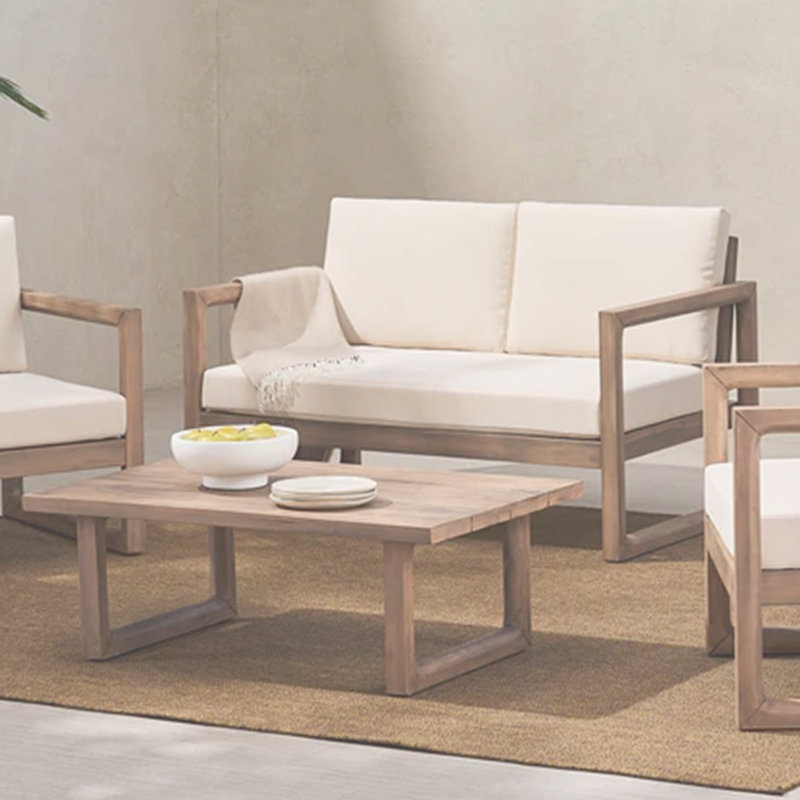 Ensemble de causeuse et table basse d'extérieur en bois d'acacia avec coussins, délavé brun, beige