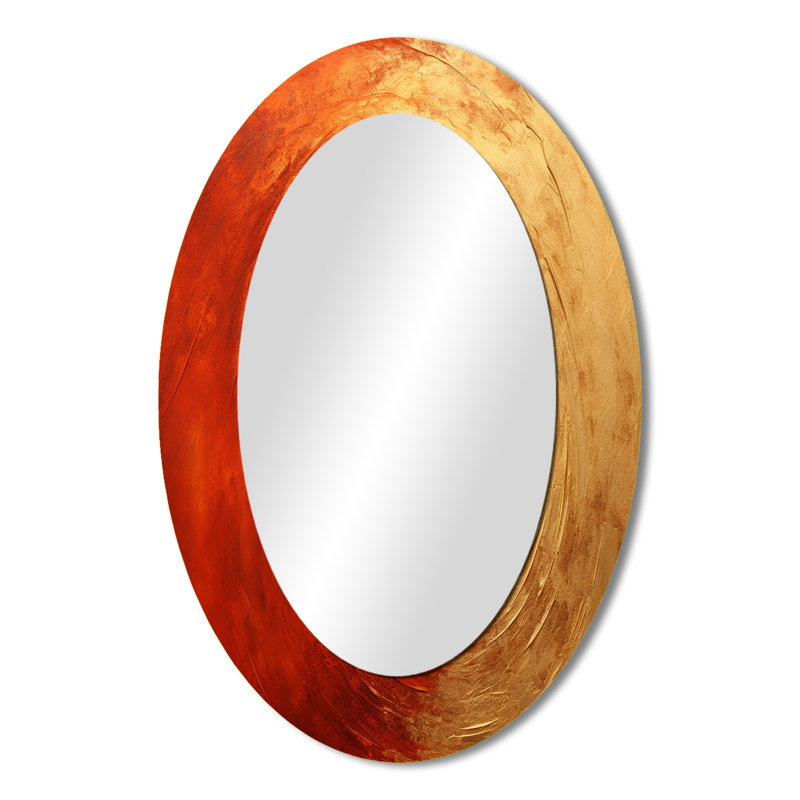Miroir mural ovale doré sur fond rouge vermillon, 36 po x 24 po