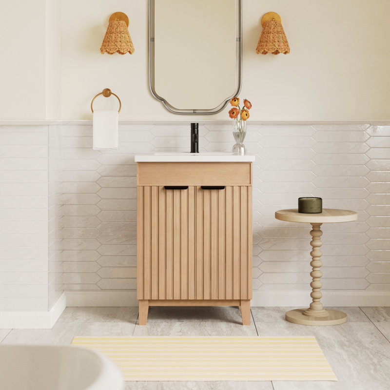 Dansfield 24'' Free Standing Single Bathroom Vanity with Ceramic Top, Fir Wood Brown, Matte Black