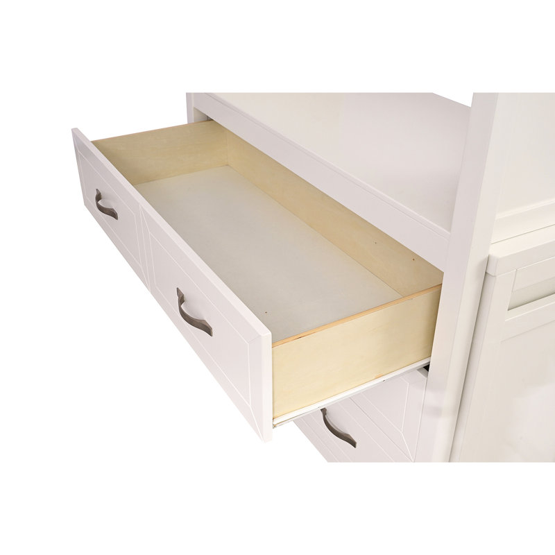 Lit simple contemporain avec bureau intégré, 3 tiroirs, tablettes attachées et ouvertes blanches pour la chambre à coucher, bureau
