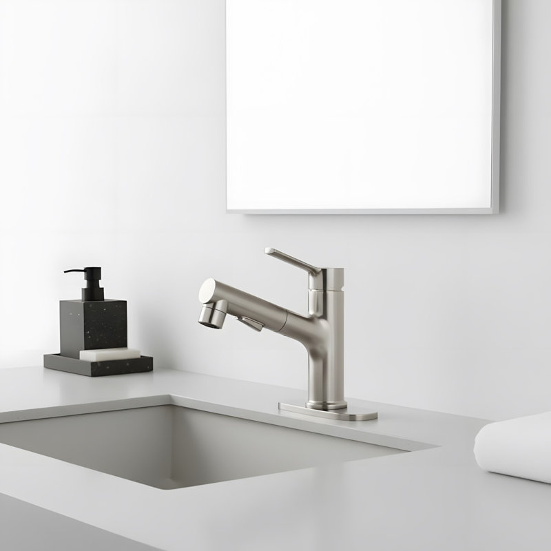 Robinet de lavabo de salle de bain moderne avec douchette extractible et bonde escamotable, Nickel brossé