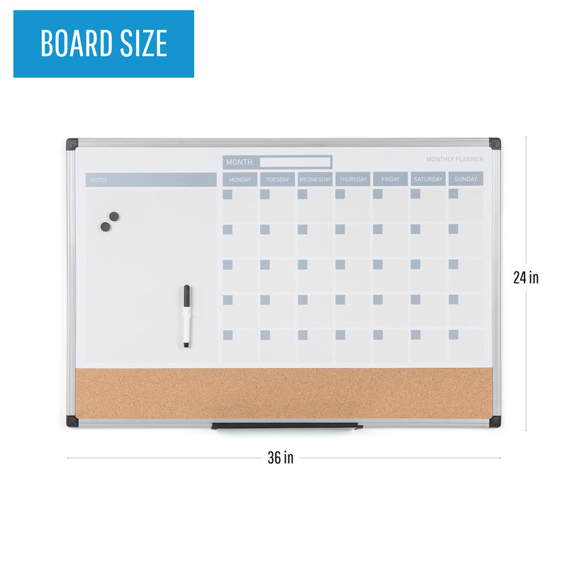 Combo de planches à effacer avec calendrier et calendrier magnétique MasterVision 24 po x 36 po, cadre en plastique gris