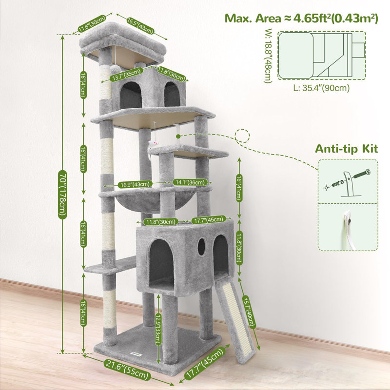 Très grand arbre à chat 70 po pour chats d'intérieur avec tour à griffer, Gris clair
