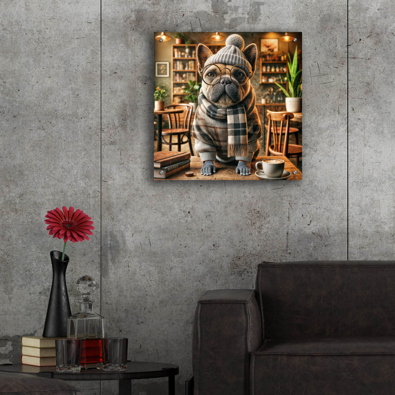 «Hipster Dog - French Bulldog» par Rey Klimt, art mural en verre acrylique, H 24 po x l 24 po x P 0,2 po
