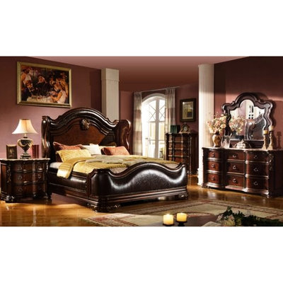 Très grand lit de style traditionnel, bois de noyer foncé, tête de lit tapissier, chambre élégante avec marbre, lit en bois à trois tiroirs, finition cerisier, design transitionnel, détails en marbre